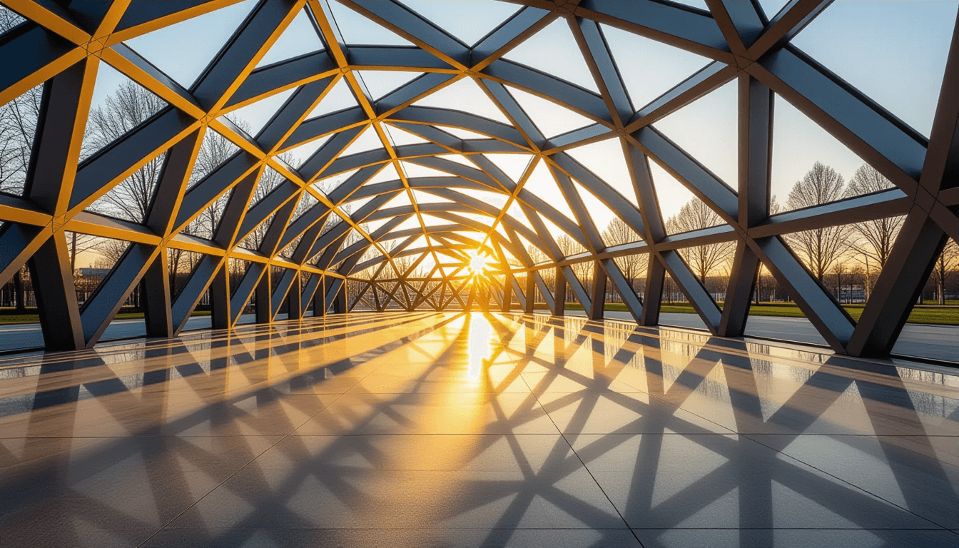 Golden hour light filters through the geometric steel arches of a modern pavilion, casting sharp, in