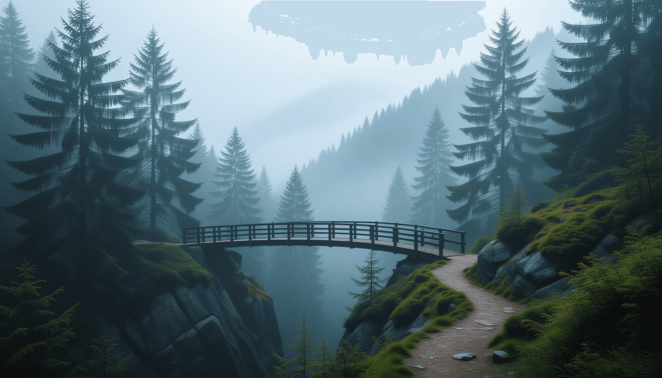 A narrow, winding mountain trail cuts through mist-shrouded pines, leading toward a wooden bridge sp