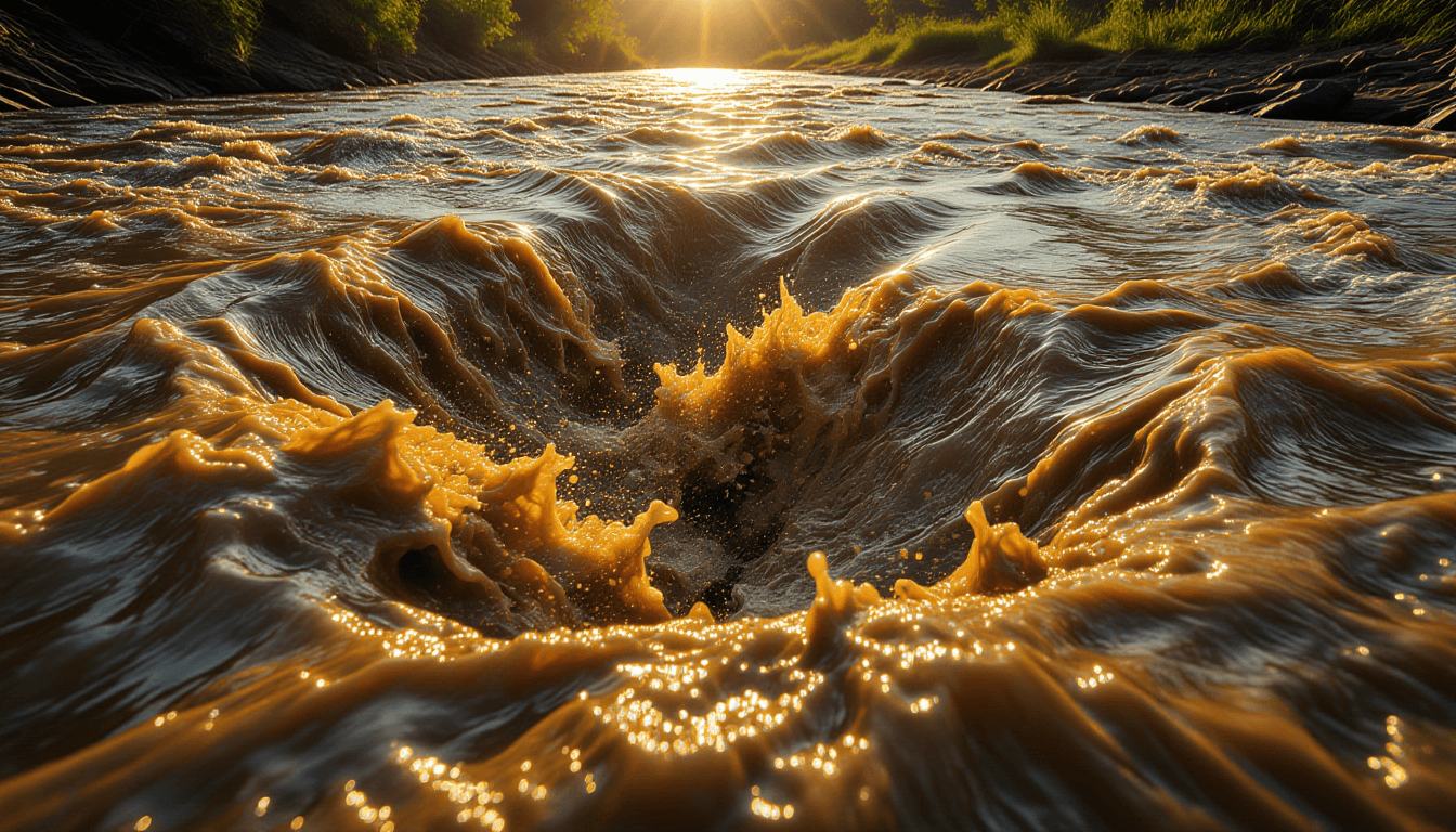 Sunlight fractures through a turbulent, muddy river rapid, highlighting swirling eddies where sedime