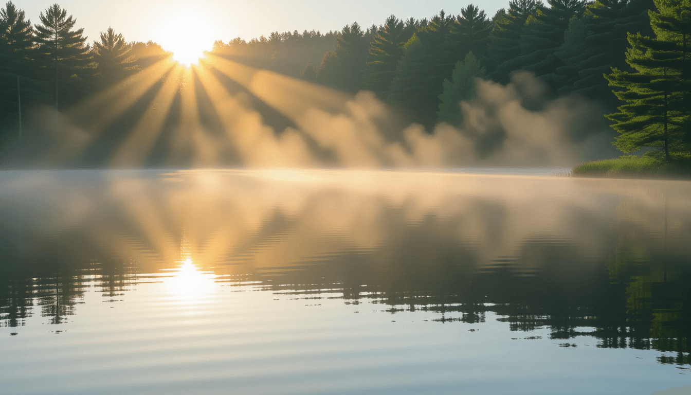 Golden hour light pierces morning fog over a misty lake, creating distinct volumetric beams that ill