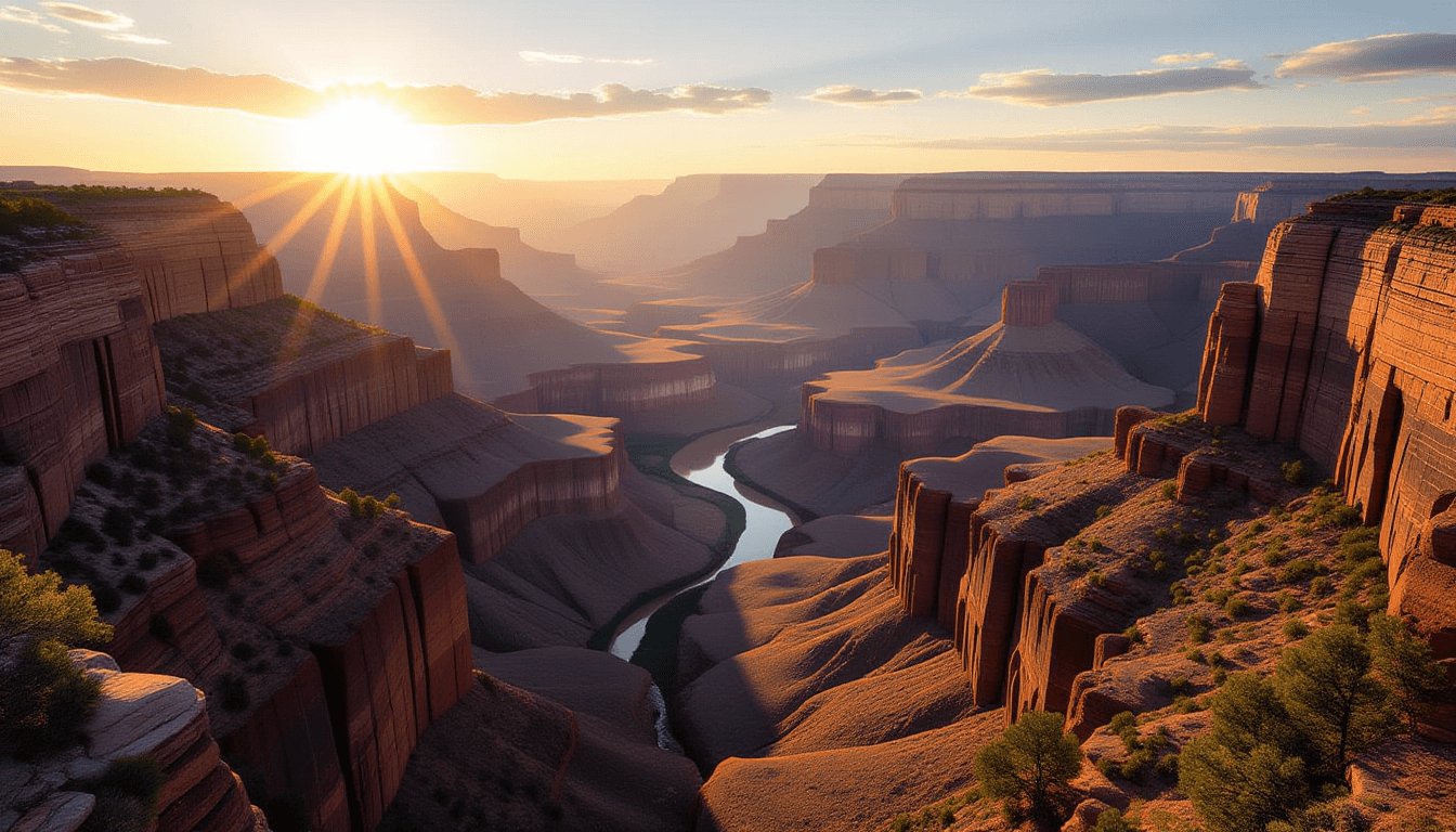 Golden hour light spills across a vast, layered mountain valley, casting long shadows that reveal th