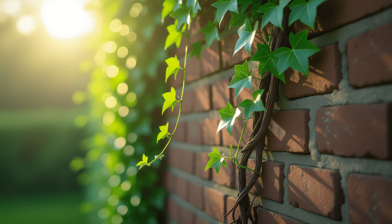 Early morning light filters through a dense canopy of ivy clinging to a weathered brick wall, where