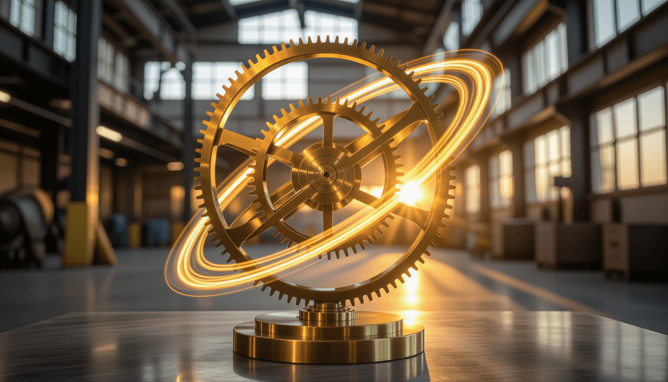 Golden hour light catches the polished brass of a complex kinetic sculpture in motion, its interlock