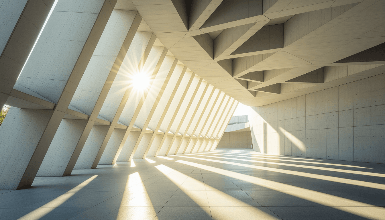 Sunlight pierces through the geometric ribs of a modern concrete pavilion, highlighting the transiti