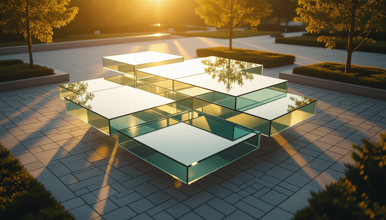 Aerial view of layered translucent glass platforms suspended above a tessellated stone plaza, bathed