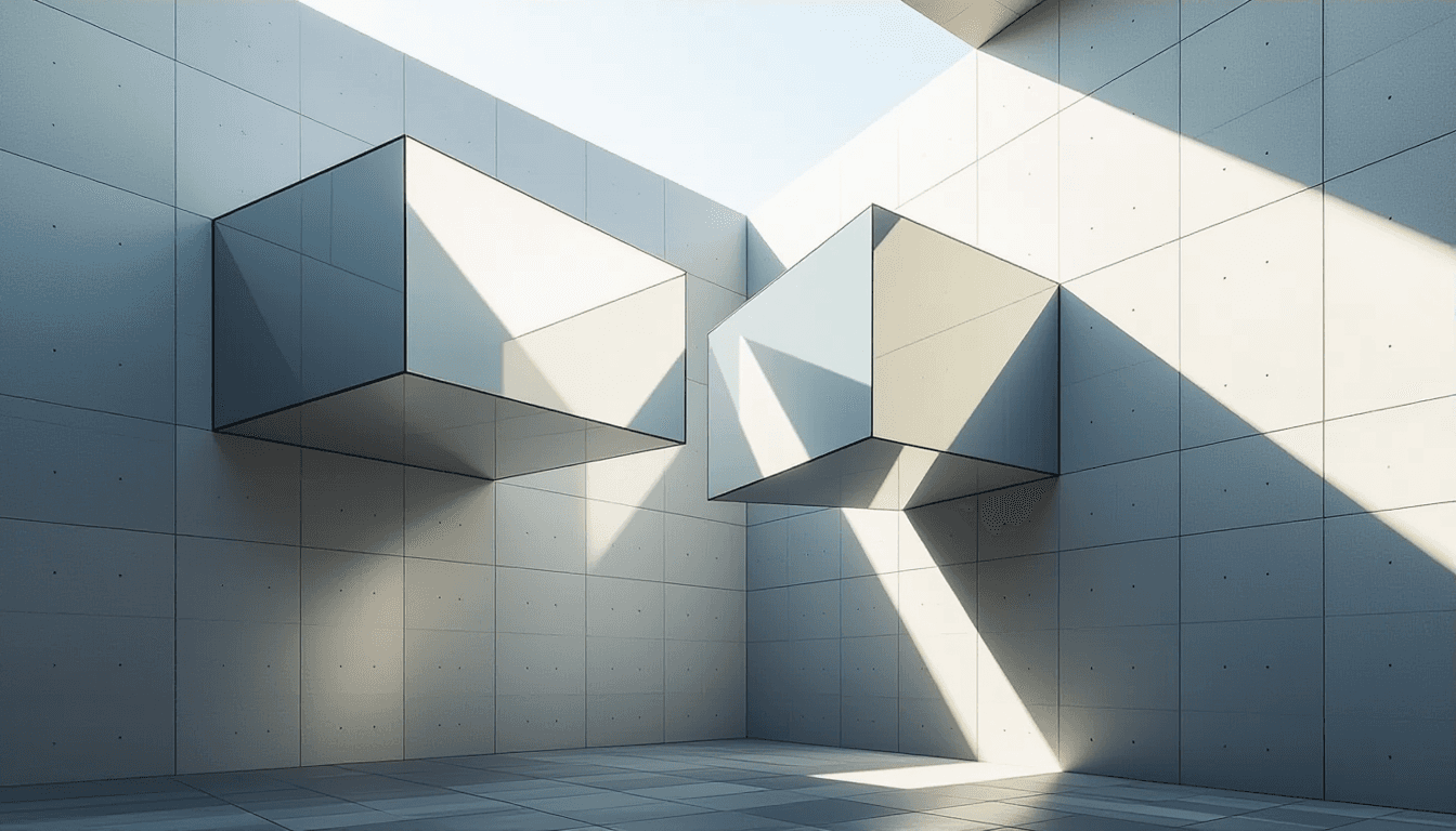 Translucent geometric planes intersect against a stark concrete backdrop, illuminated by sharp after