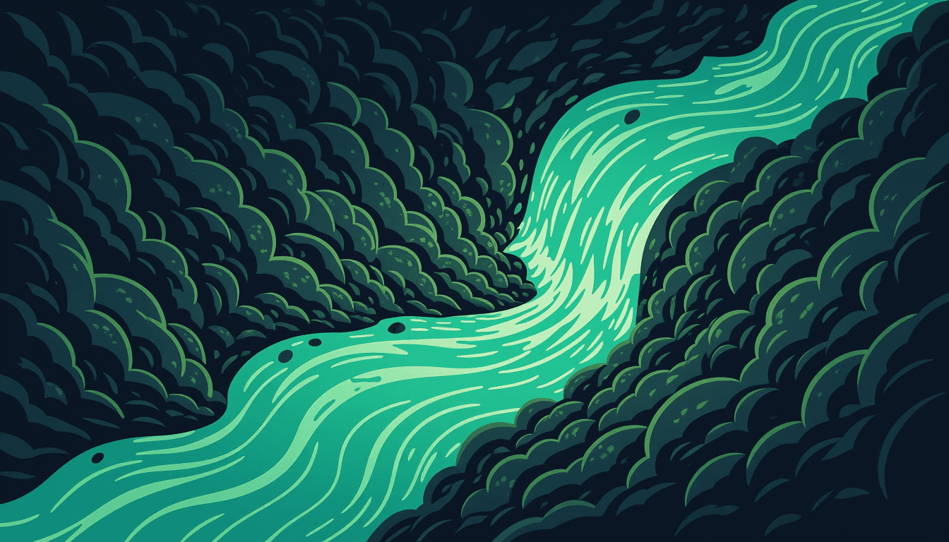 A turbulent, churning river of dark debris clashes violently against a smooth, luminous emerald stre
