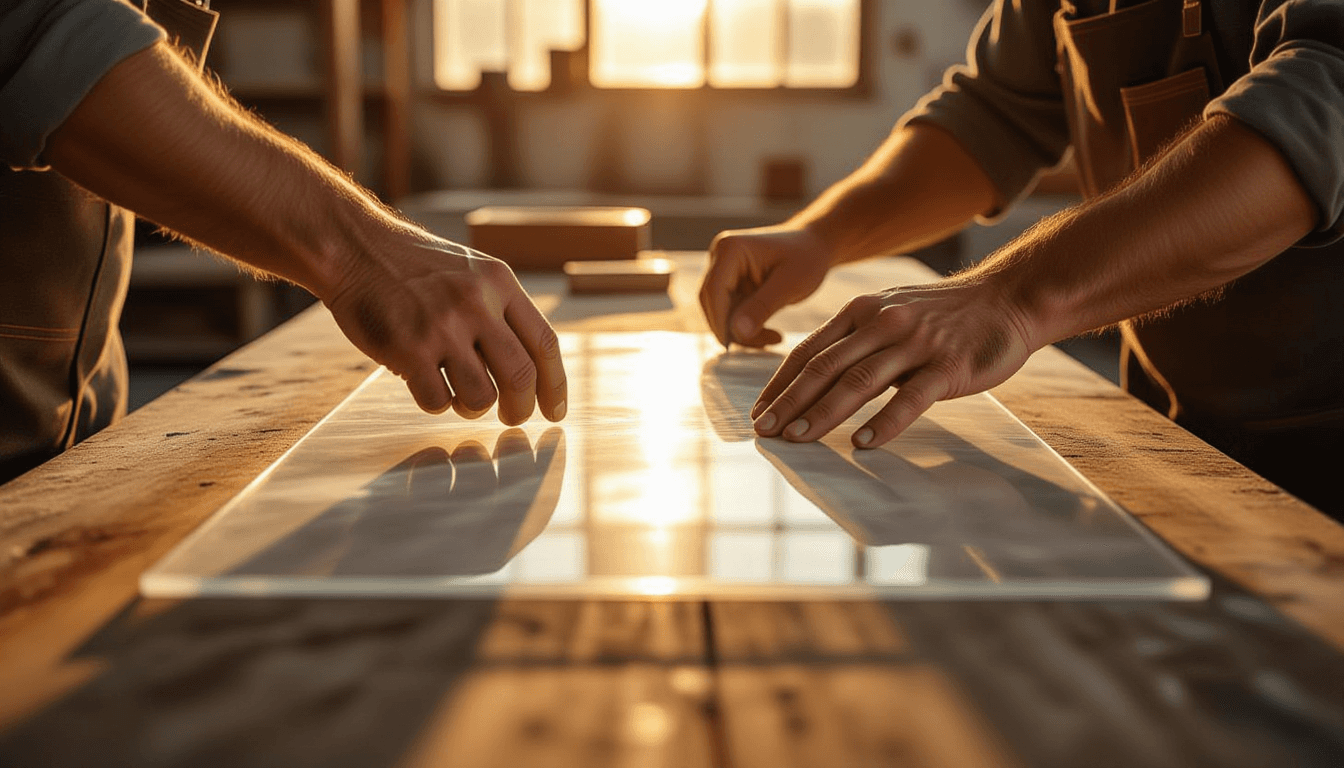Golden hour light spills over weathered workbenches as calloused hands layer translucent resin sheet