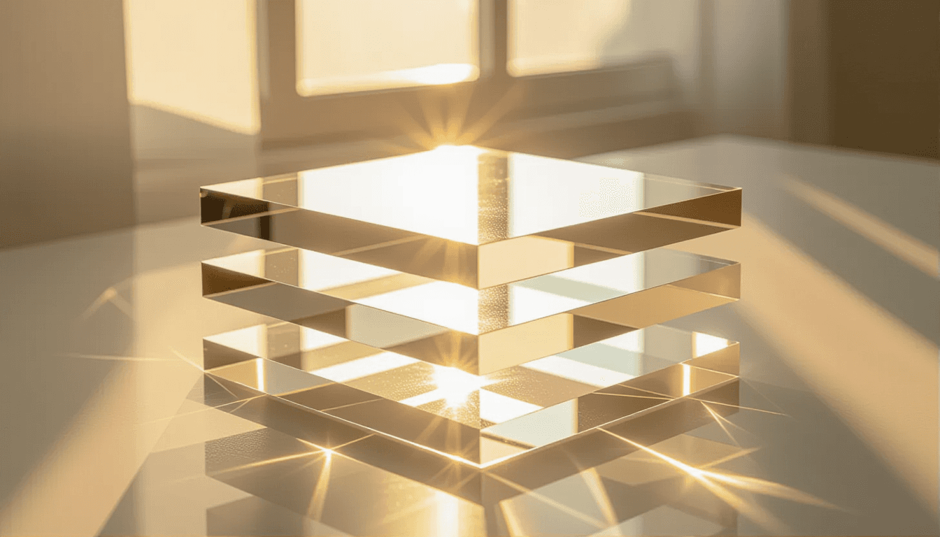 Stacked translucent acrylic planes catch golden hour light, revealing depth and structure, while sha