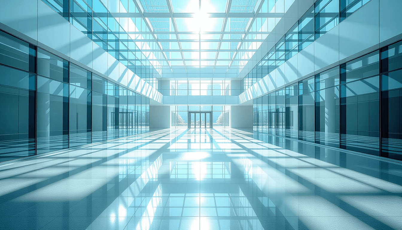 Sunlight streams through a modern atrium, catching the sharp, geometric angles of floating glass pla