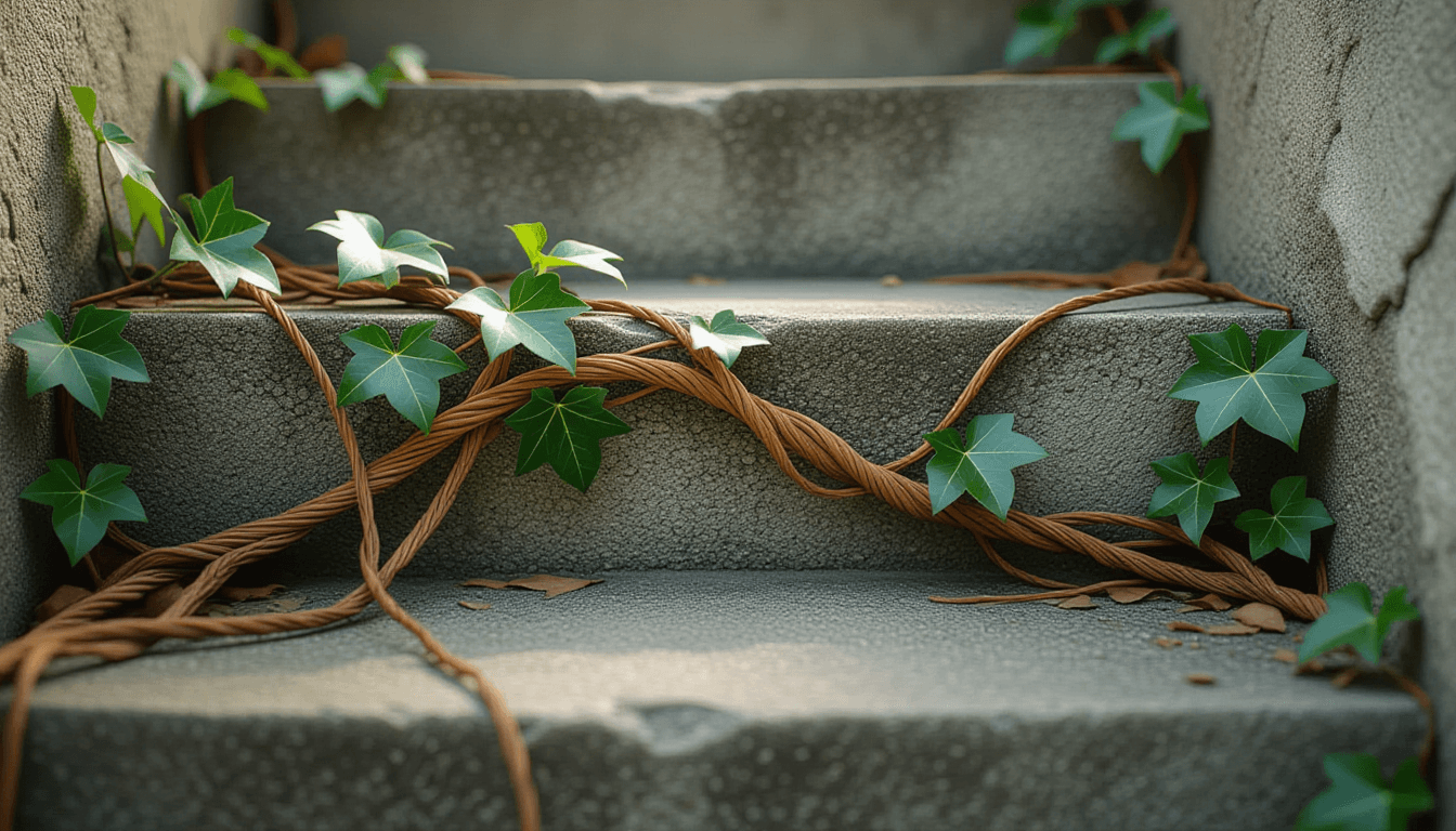 Tangled ivy roots gnawing at cracked concrete steps, captured with shallow depth of field to emphasi