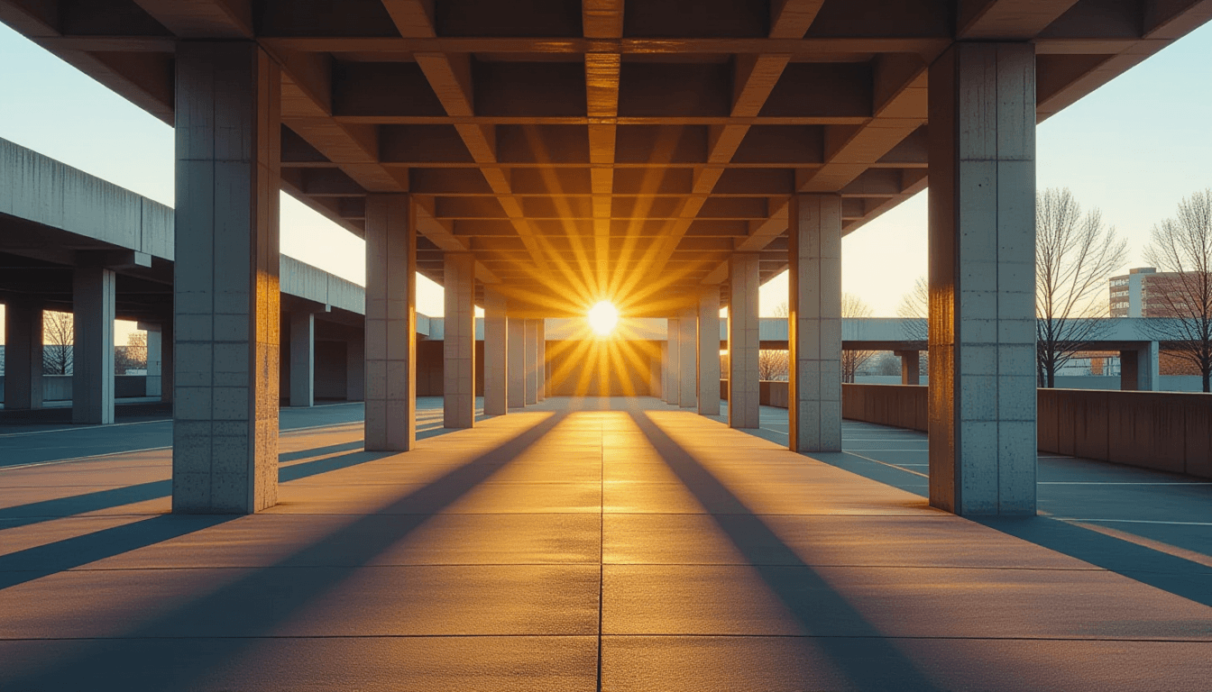 Sunrise light fractures through the steel ribs of a brutalist parking structure, casting long, geome