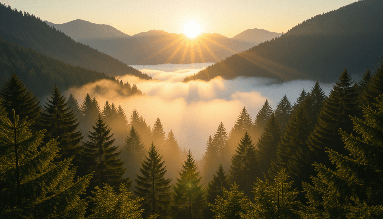Golden hour light cascades through a dense pine forest, illuminating mist rising from a deep valley