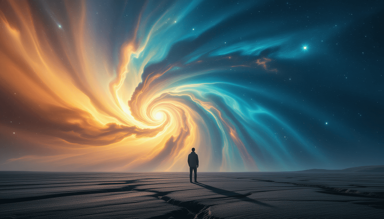 A lone figure stands on a desolate basalt plain, dwarfed by the swirling, luminous bands of a nebula