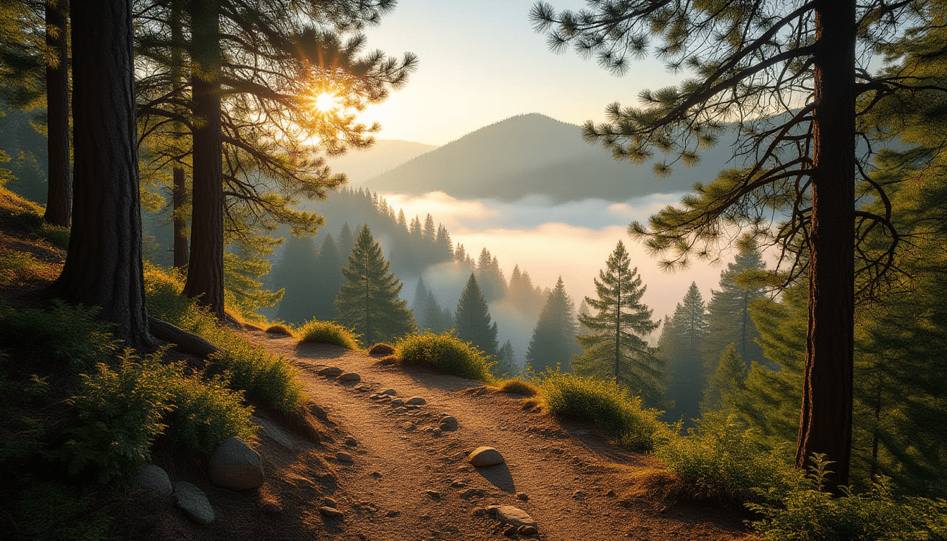 Sunrise light filters through a dense pine forest, illuminating a rugged dirt trail winding uphill t