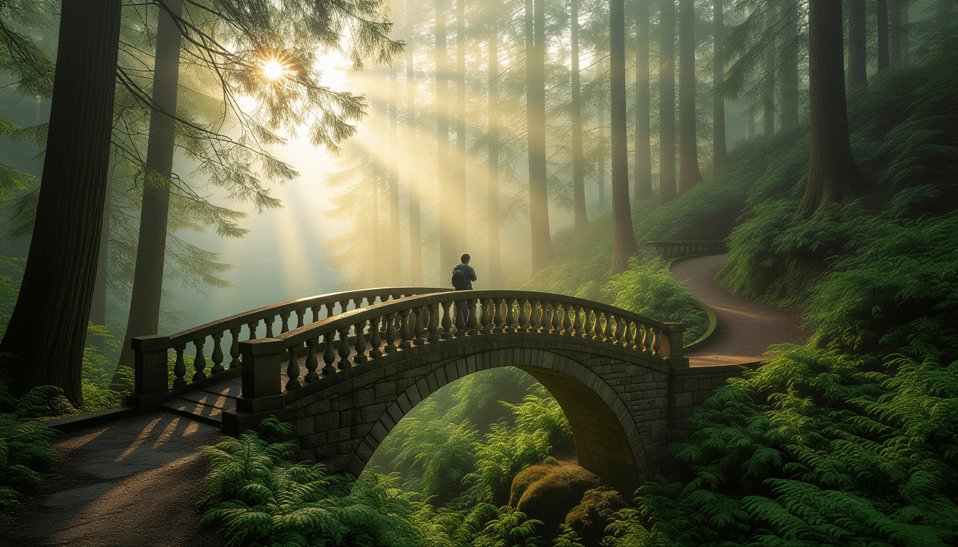 A lone photographer pauses on a stone bridge arching over a misty forest ravine, golden hour light p