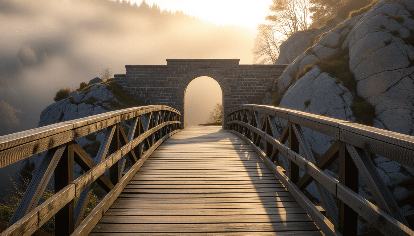 A weathered wooden footbridge spans a deep, mist-shrouded gorge at golden hour, its weathered planks