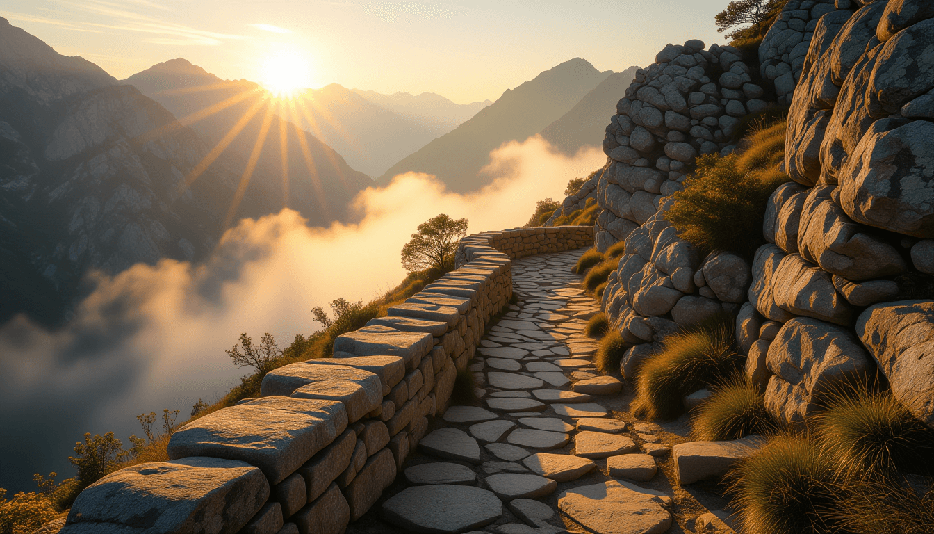 Golden hour light strikes the weathered stone of an ancient mountain pass, illuminating a rugged hik