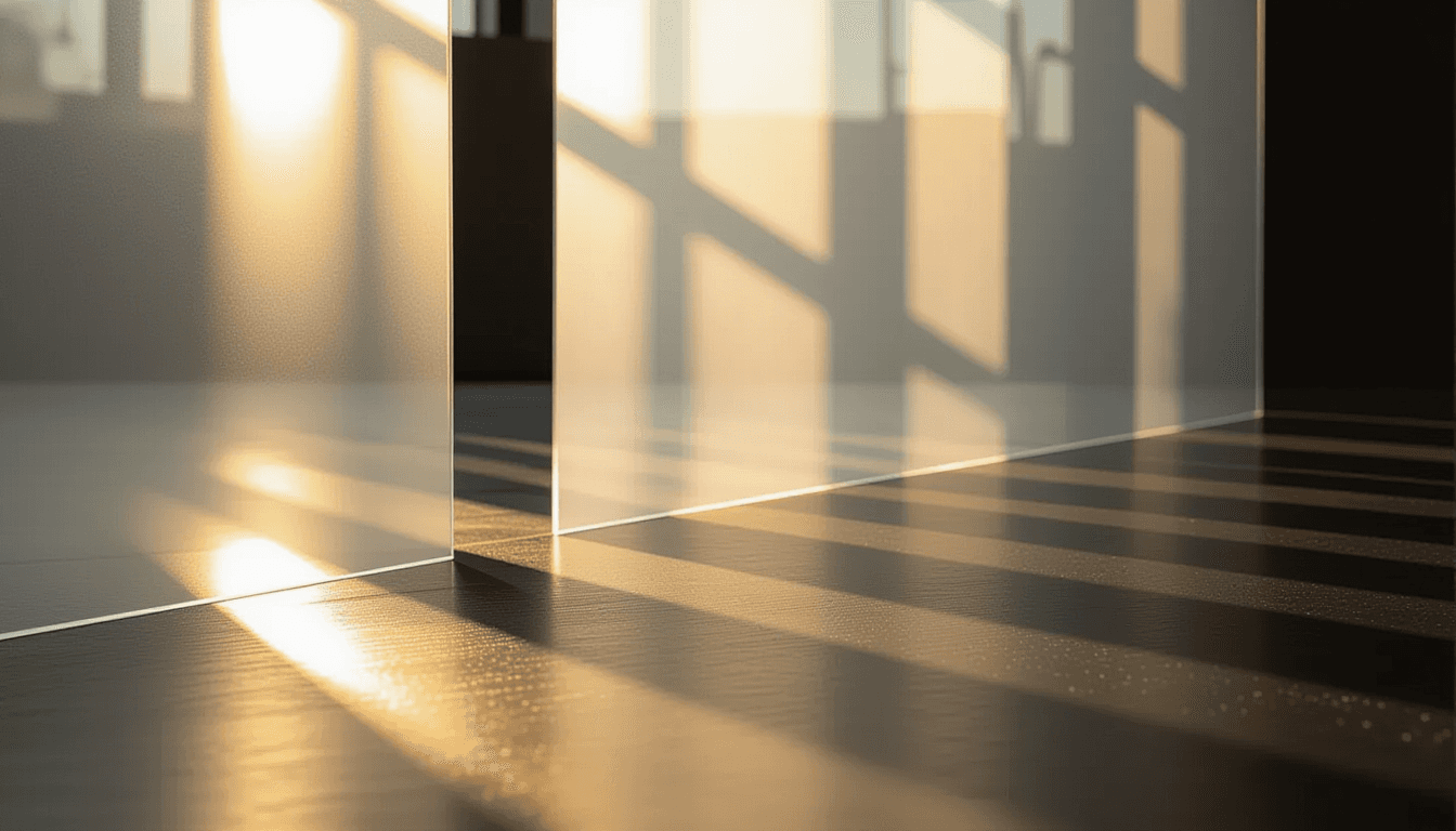 Golden hour light cuts through layered translucent planes of frosted acrylic, casting sharp, tessell