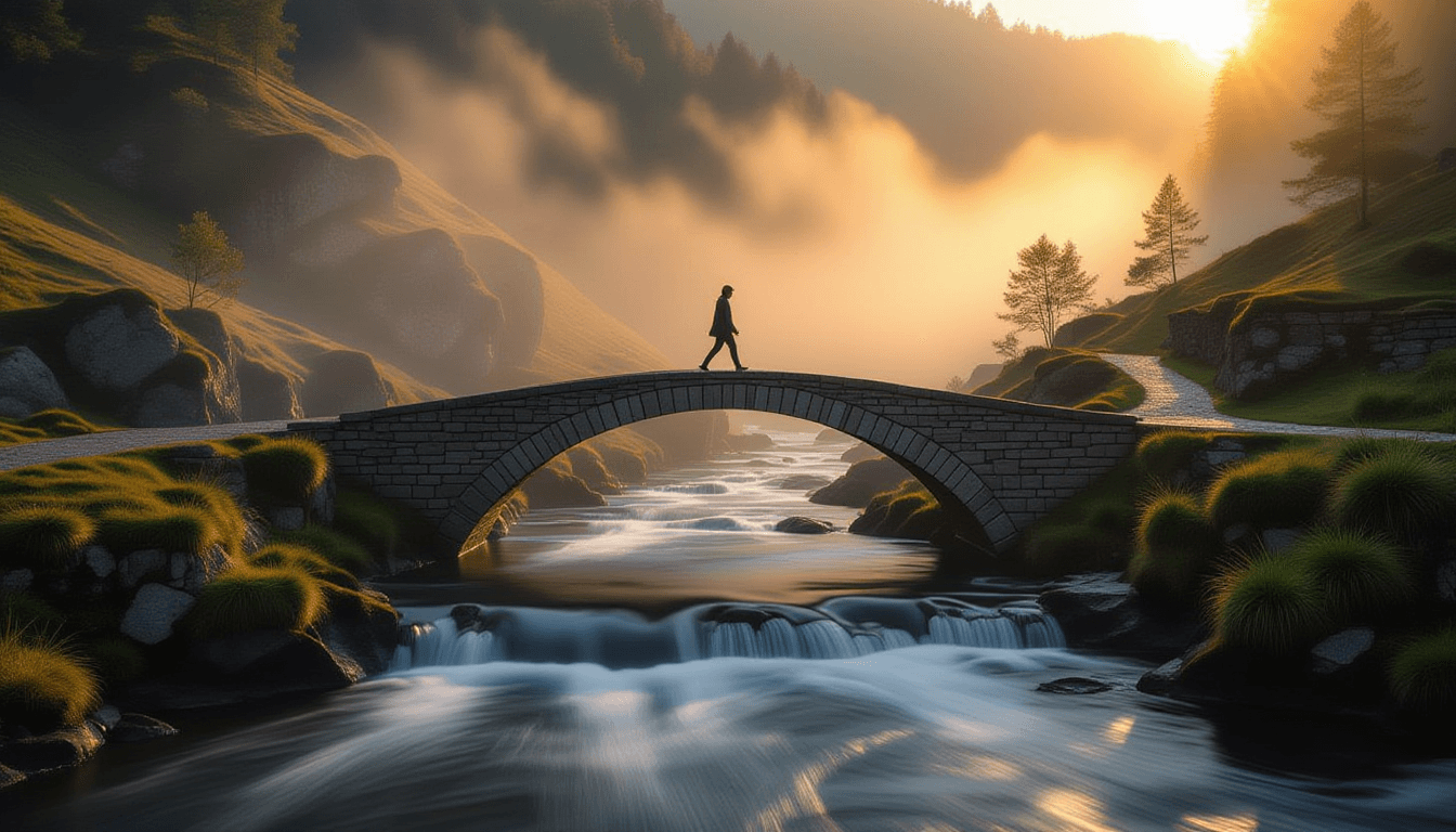 A lone figure crosses a narrow stone bridge over a deep, misty chasm at golden hour, the long exposu