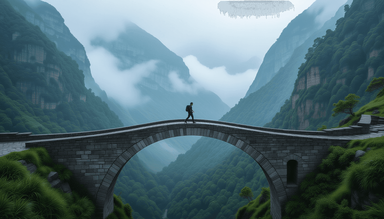 A lone hiker traverses a narrow stone bridge spanning a misty mountain chasm, captured in soft overc