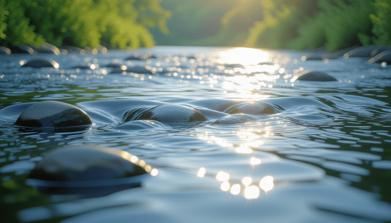 Sunlight glints off the slow-moving current of a wide river, capturing the smooth, continuous flow o