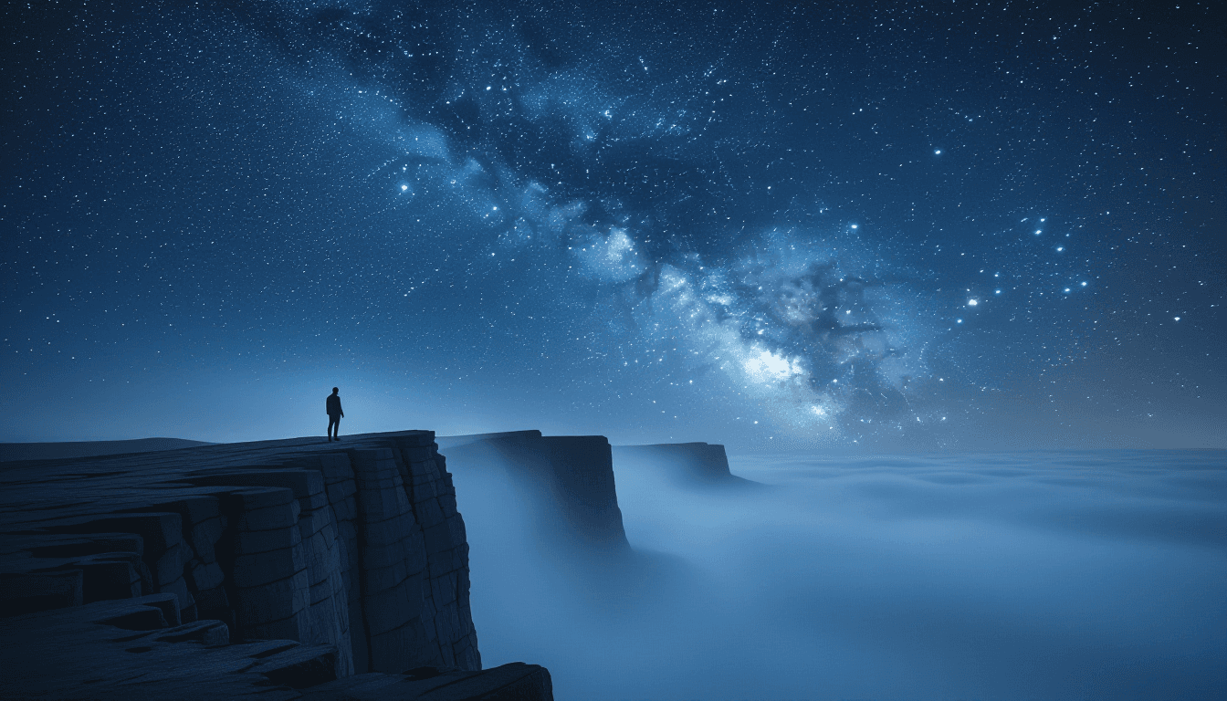 A lone silhouetted figure stands on a jagged basalt cliff edge, dwarfed by a breathtaking starfield