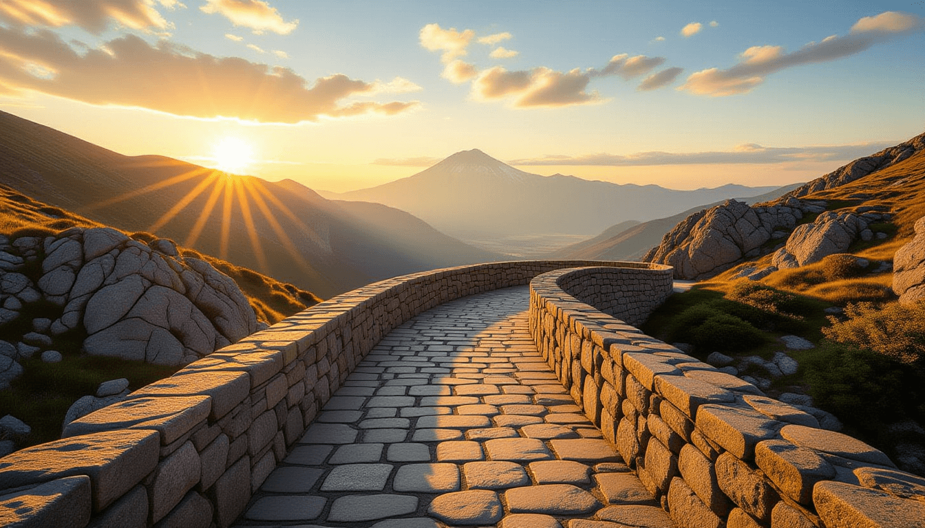 A sun-drenched stone bridge spans a deep valley, leading toward a distant mountain pass. Golden hour