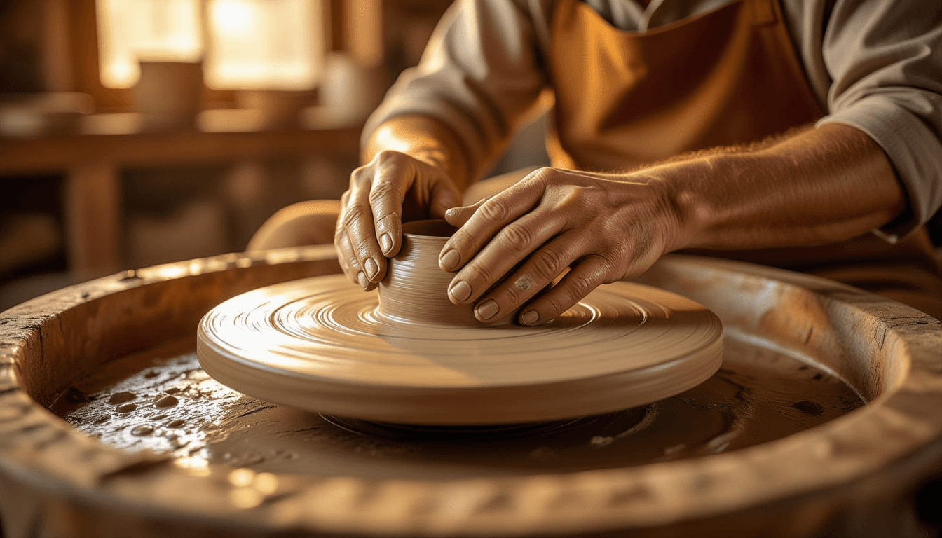 Golden hour light catches weathered fingers gently guiding wet clay on a spinning wheel, shallow dep