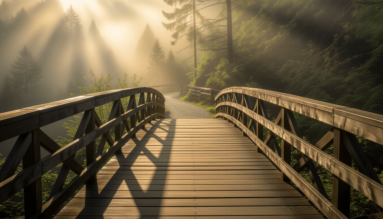 Golden hour light spills over a weathered wooden bridge crossing a misty gorge, the planks worn smoo