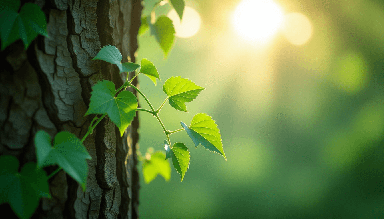 Sunlight filters through a dense canopy, illuminating a single vine unfurling new green leaves again