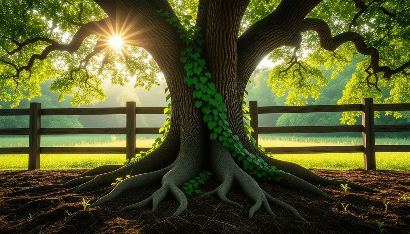 Sunlight filters through a dense oak canopy, illuminating thick, gnarled roots gripping rich soil as