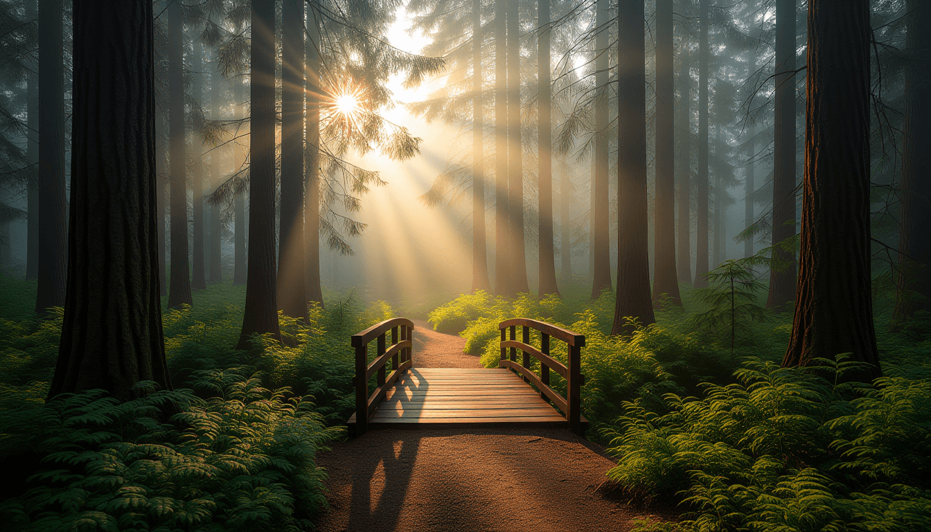 A misty forest trail winds through towering pines, illuminated by the soft, golden hour light filter