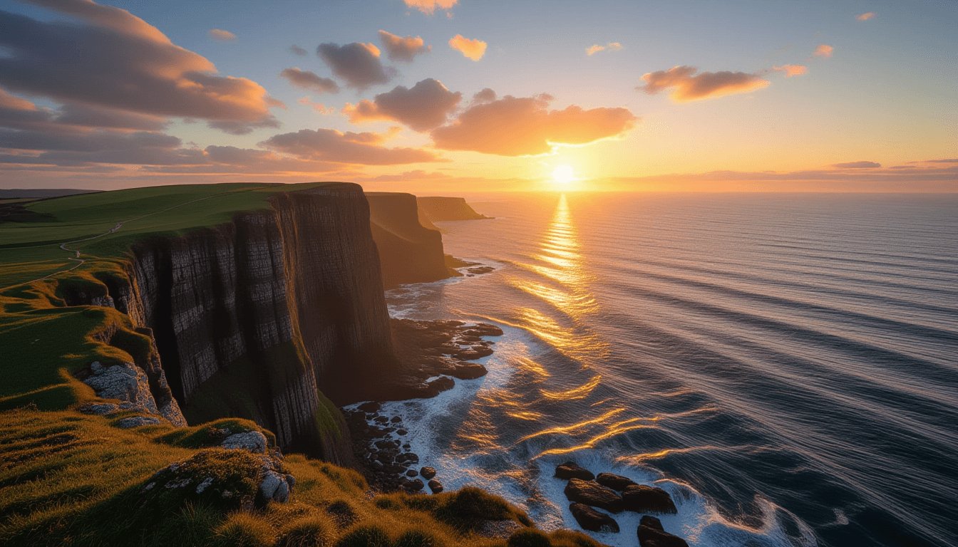 Sunset light spills over a rugged coastal ridge, illuminating the vast, textured layers of the cliff