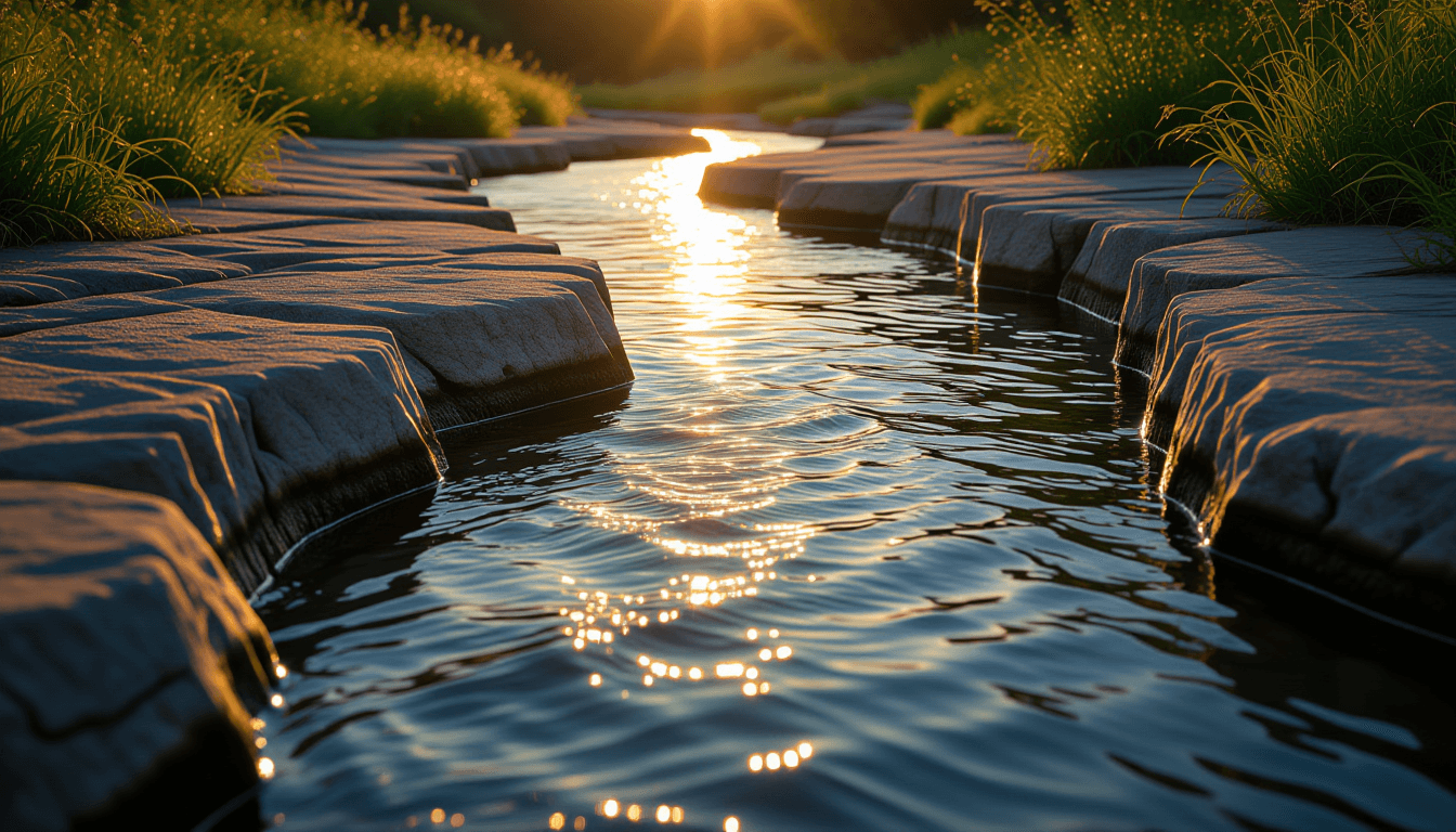 Sunlight glints off a winding river’s surface, its steady current carving smooth, sustainable paths