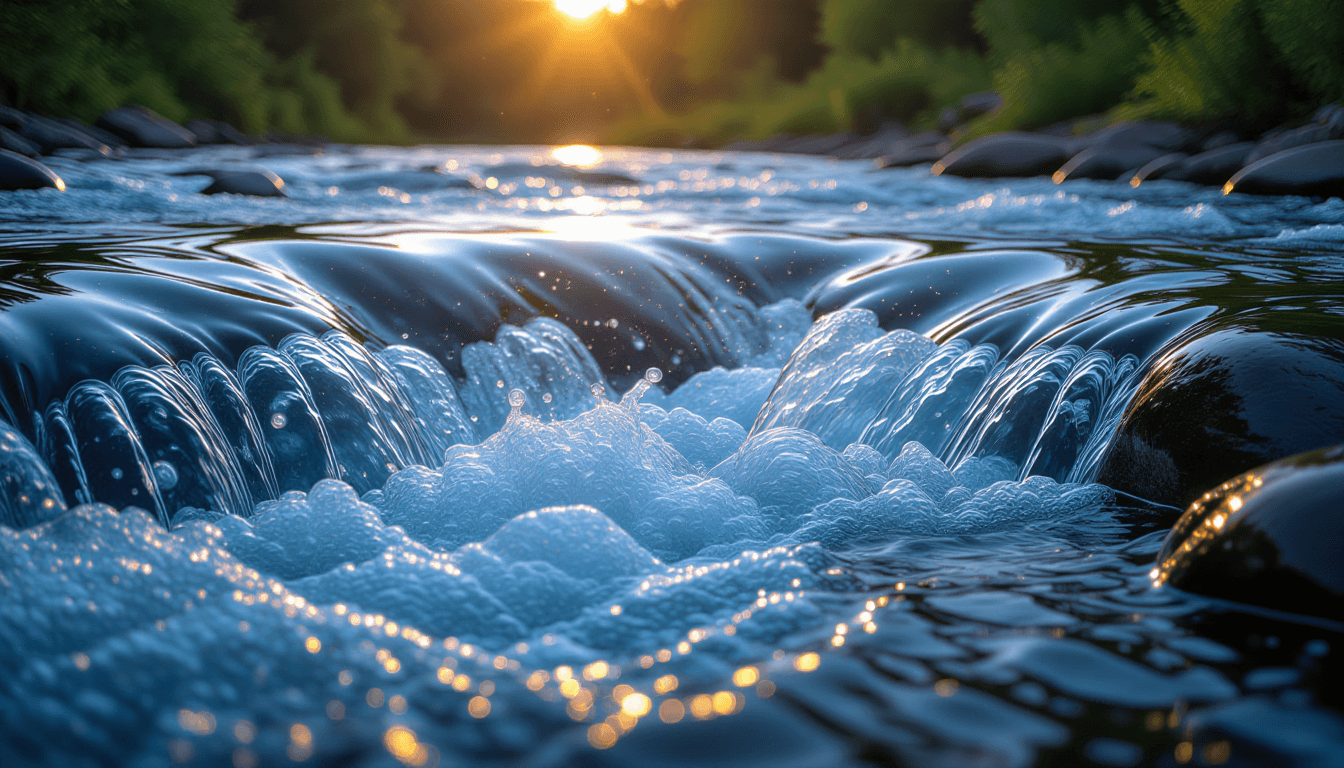 Golden hour light catches the churning white water of a river rapid, where eddies swirl and merge do