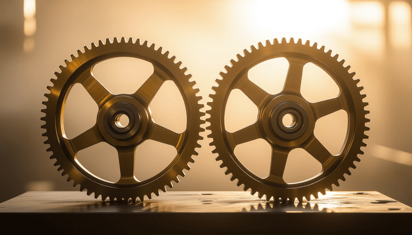 Bronze gears rotate silently in the misty morning light, their interlocking teeth catching the golde