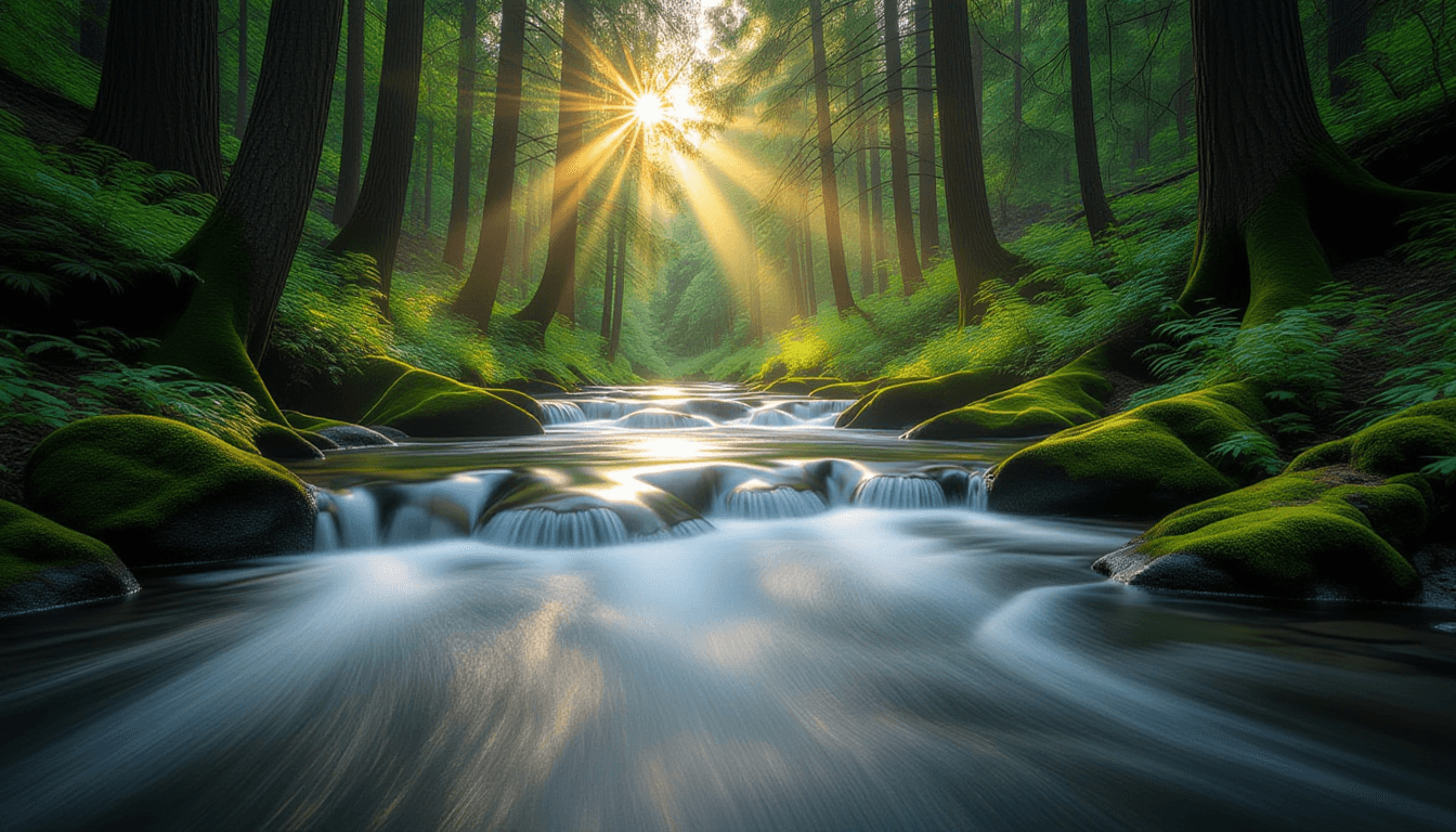 A long-exposure shot captures smooth, milky water flowing through a deep forest canyon at golden hou
