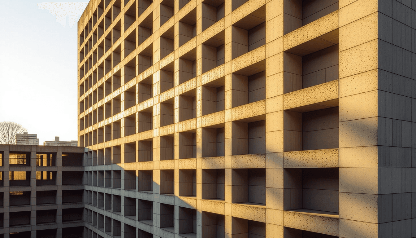 Golden hour light slants through the geometric lattice of a brutalist concrete tower, casting sharp