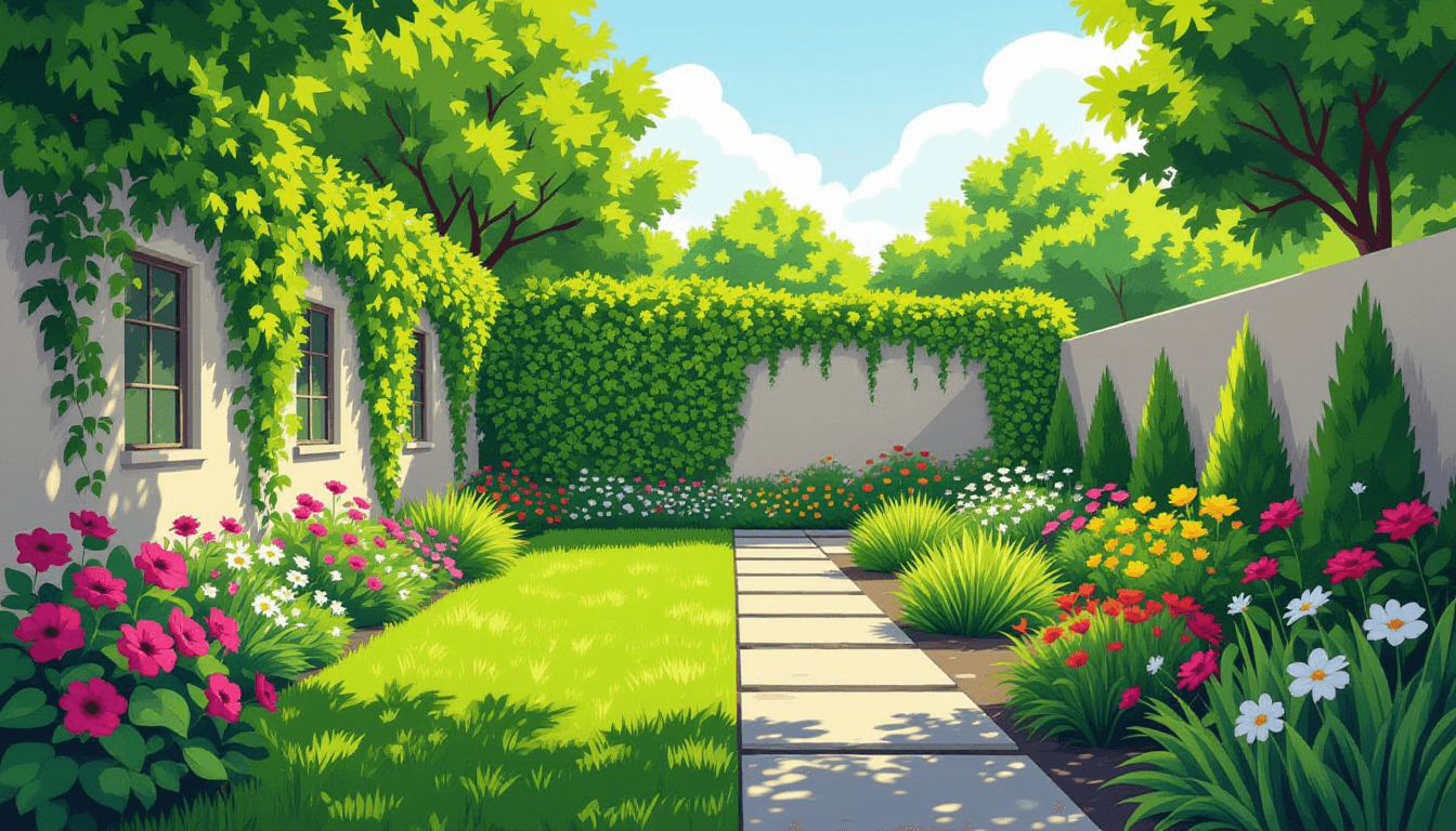 A split garden where one side thrives with vibrant emerald vines and blooming flowers while the othe