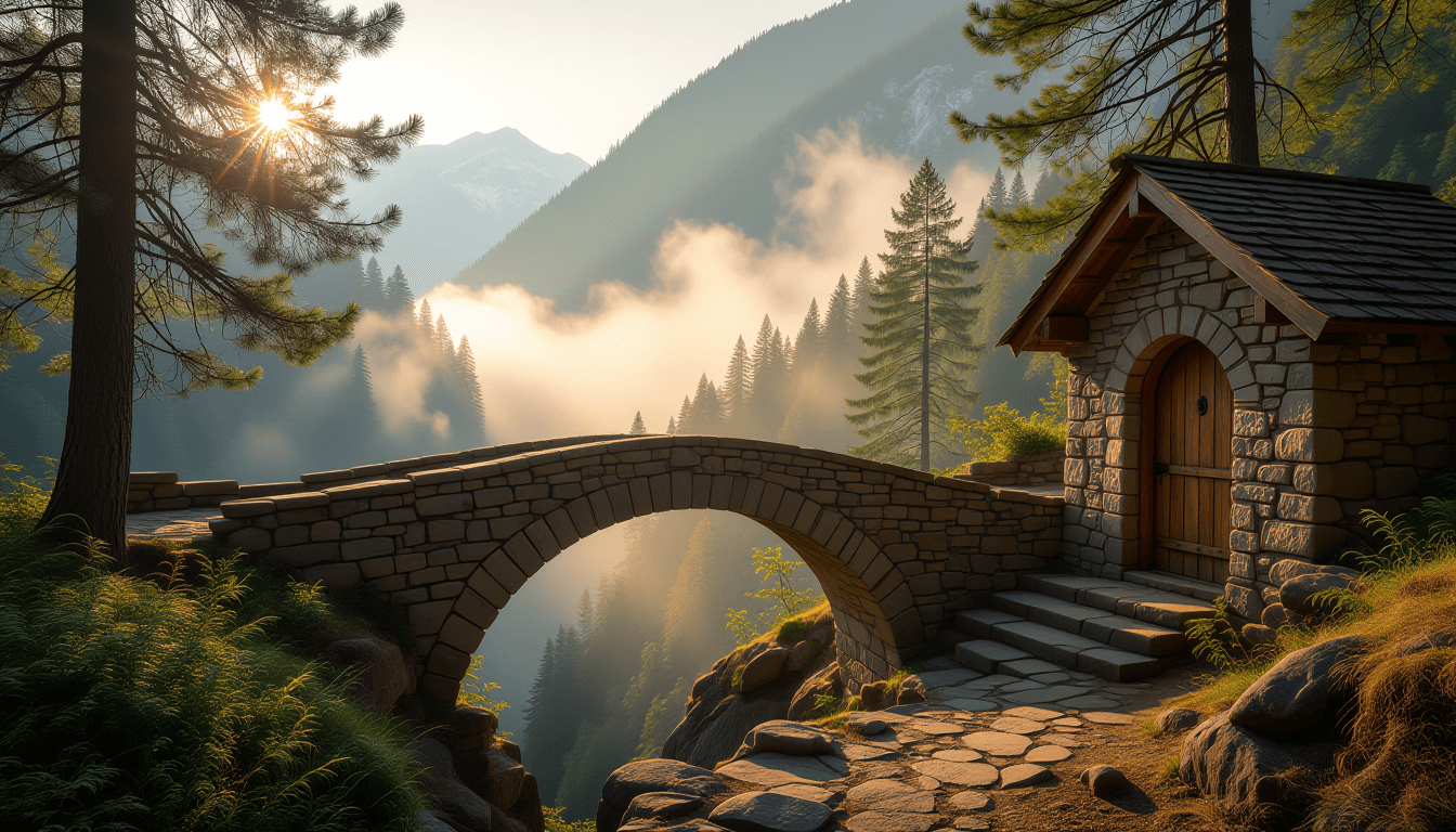 Golden hour light filters through a misty mountain pass, illuminating a stone bridge crossing a deep