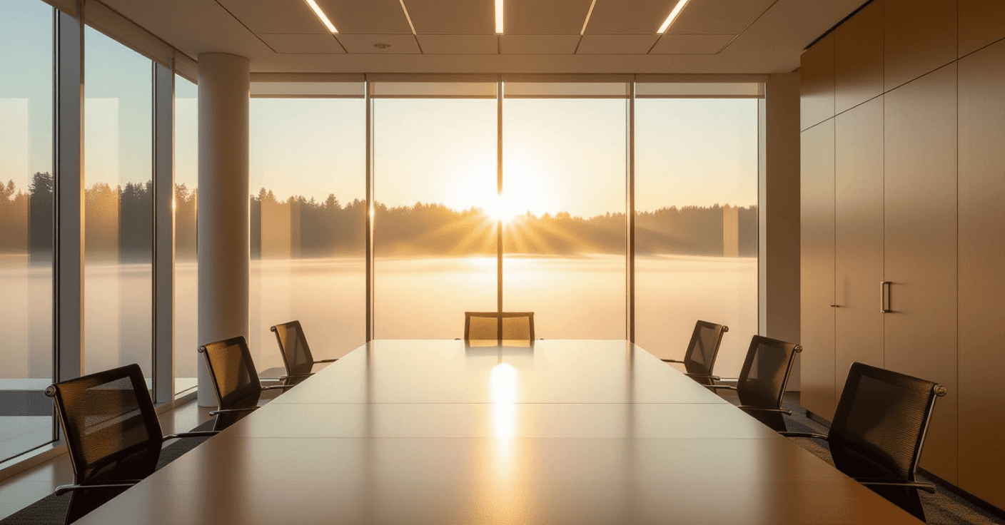 Soft dawn light filters through morning fog in an empty modern conference room, casting long, ethere