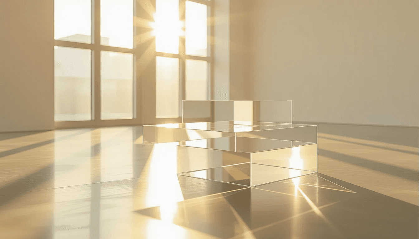 Stacked translucent acrylic planes float in a sunlit studio, their sharp edges catching golden hour