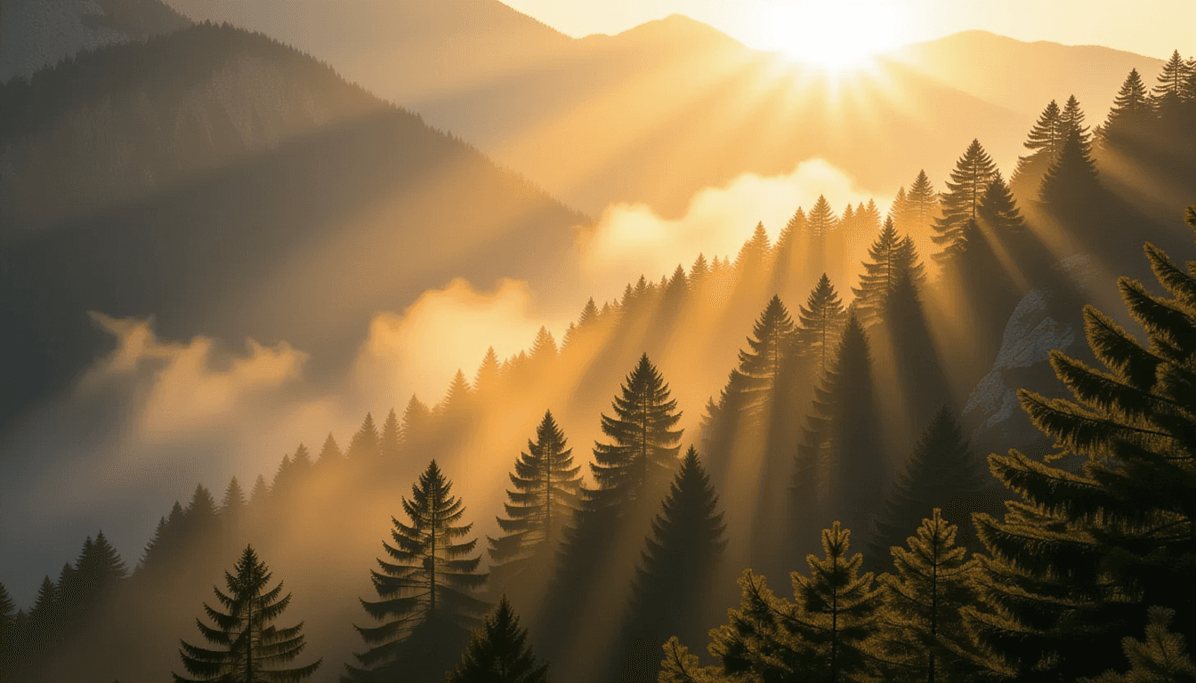 Sunlight pierces through a dense, mist-laden pine forest at golden hour, casting long, dramatic shad
