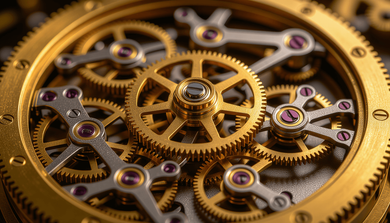 Golden hour light glints off polished brass gears in a vintage clockwork mechanism, capturing the pr