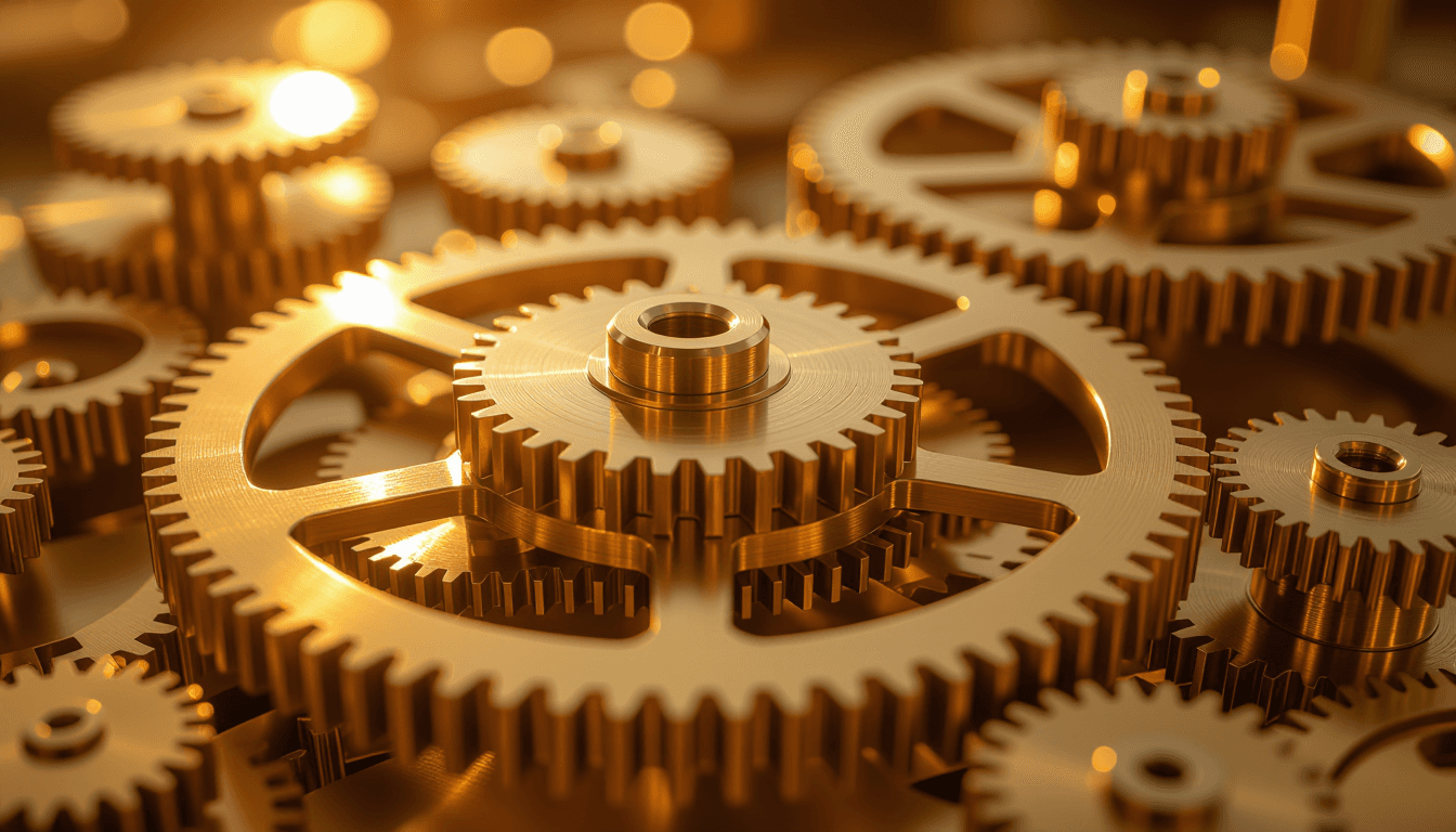 Golden hour light glints off polished brass gears in a kinetic sculpture, their precise rotation cap