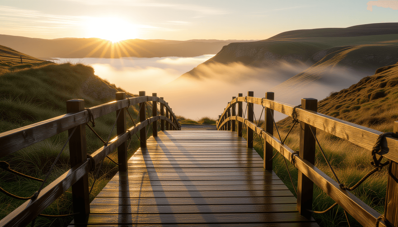 Golden hour light glints off a weathered wooden bridge spanning a misty gorge, emphasizing the sturd