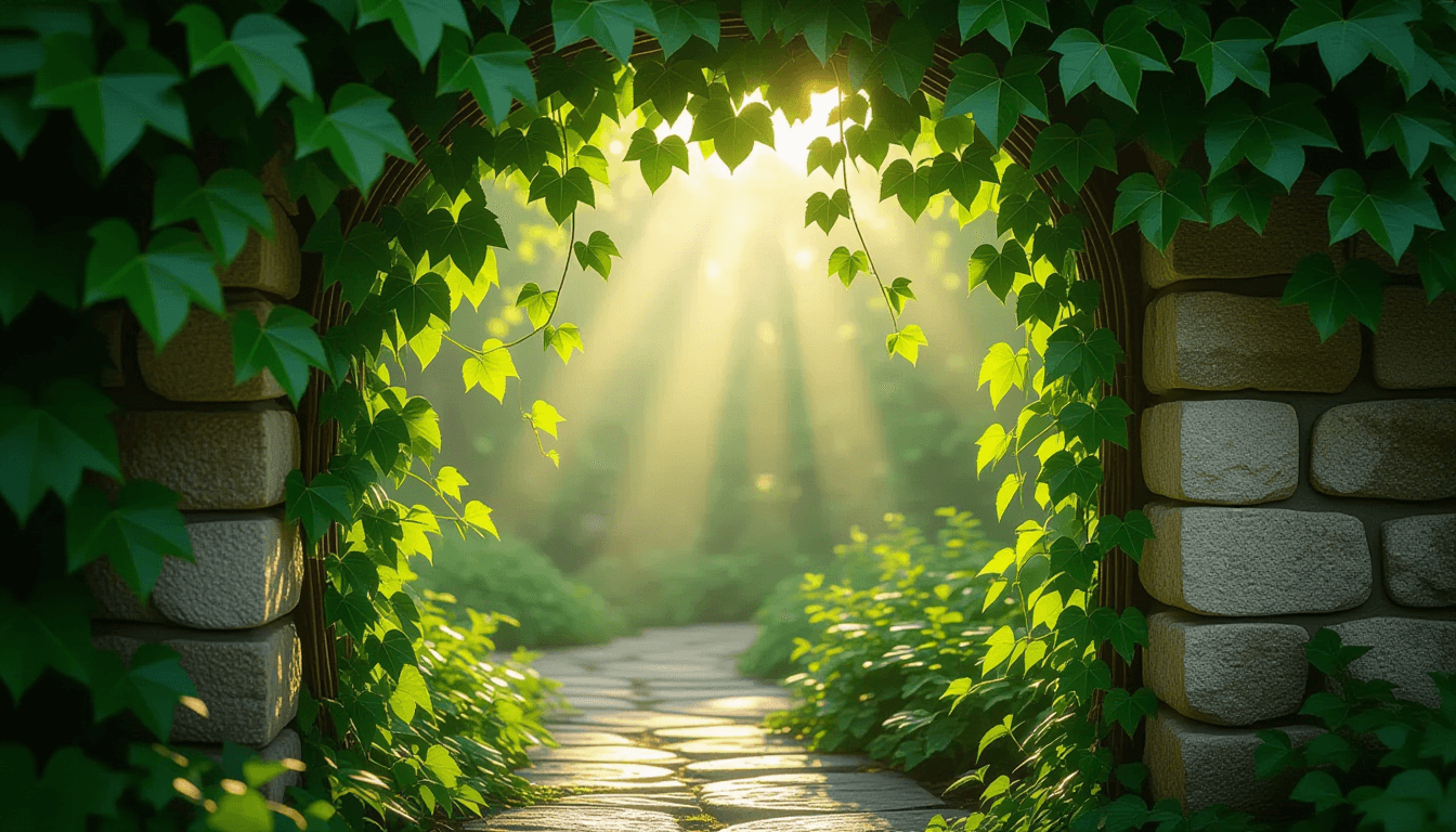Sunlight filters through a dense, thriving ivy canopy, highlighting fresh green vines climbing a rus
