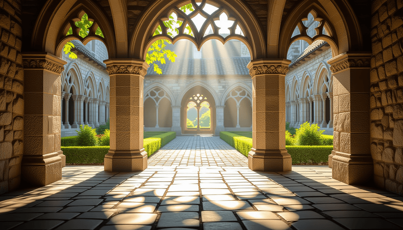 Sunlight filters through the intricate lattice of a stone cloister arch, casting sharp geometric sha