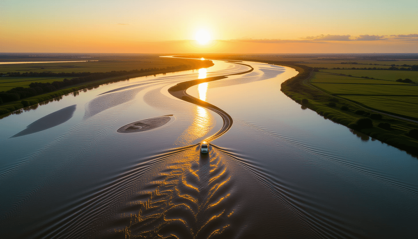 A drone captures a wide river delta at golden hour, where distinct streams of silt-rich water merge